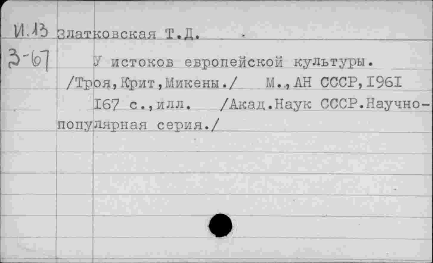 ﻿Г УМ?)	Злат коле кая Т. Д.	•
	У истоков европейской культуры.
	/ТрЬя, Крит,Микены ./	М..,АН СССР, 1961
	167 с.,илл. /Акад.Наук СССР.Научно-
	популярная серия./
	
	
	
	
	
	